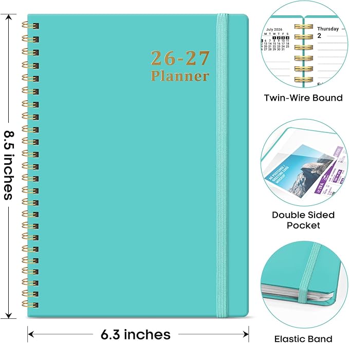 Planner 2026-2027, 6.3" x 8.5" Weekly and Monthly Academic Year Planner Calendar, July 2026 - June 2027, Hardcover Large School Planning Agenda With Tabs, Perfect for School & Office Supplies, A5, Aquamarine