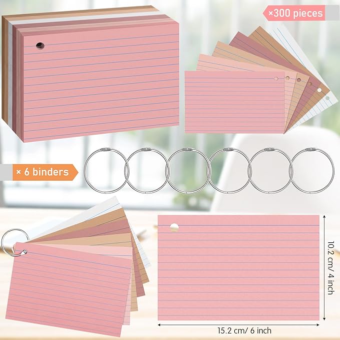 Epakh 300 Pieces Lined Index Cards 180 GSM Thick Flash Cards with Rings Notecards Punched Back to School for Studying Adults Home College Office(4 x 6 Inch,Yellow Series)