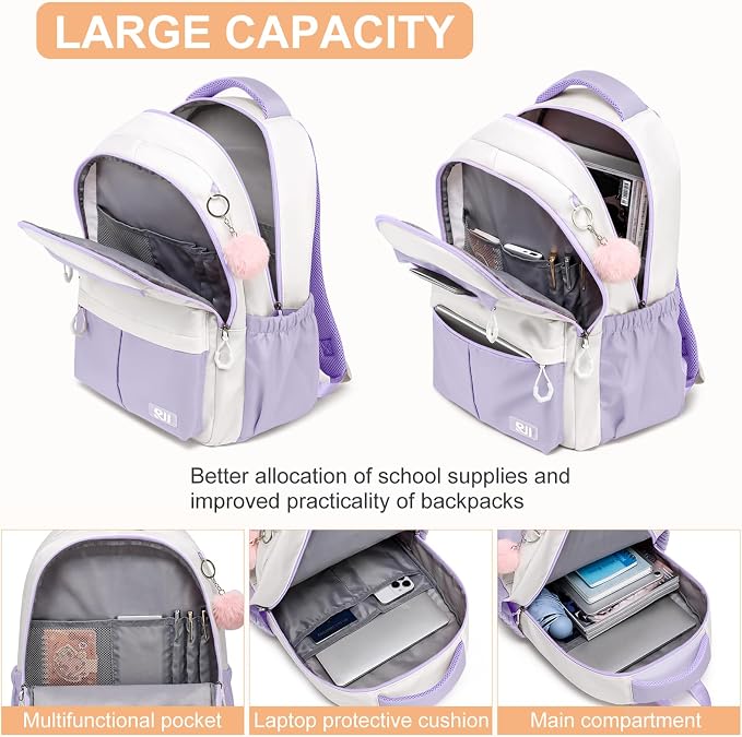 School Backpack for Teen Girls & Women, Lightweight Waterproof 15.6 Inch Laptop Backpack, High School College Travel Bookbag with Ergonomic Design, Light Purple