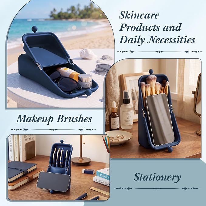 Kacctyen Makeup Brush Case Silicone Standing Makeup Brush Holder,Navy | Silicone Make up Travel Bag with Suction Portable Cosmetic Organizer Phone Stand Pouch for Travel Home Back to School Use