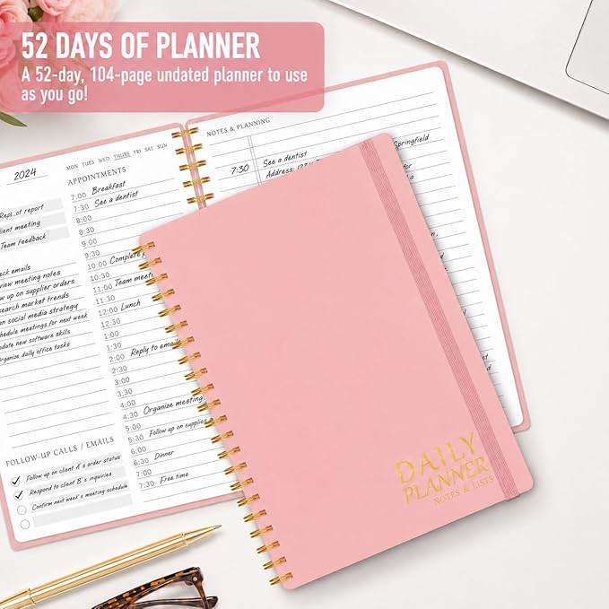 Daily Planner with Hourly Schedules - Undated To Do List Notebook, Spiral Bound, 5.5" x 8.5", Manage Your Tasks and Appointments, The Perfect Office Supplies for Women - Pink