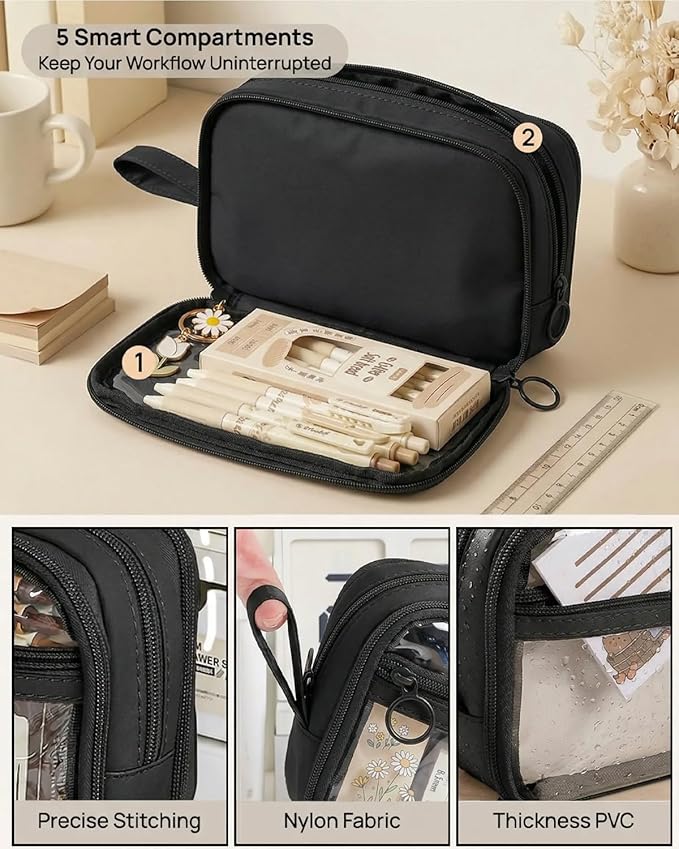 41Pcs Aesthetic Pink Office Supplies Set, All-in-One 5 Compartments Desk Organizer Kit with Large Capacity Pen Pouch, A5 Notebook for Women & Journaling (black)