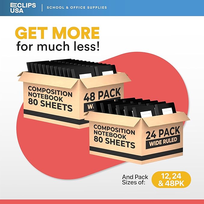 E-CLIPS USA Composition Notebook Wide Ruled Composition Notebooks Bulk Wide Ruled Notebook Paper Note Books For Schools Composition Books 80 Sheets 160 Pages 9.75” x 7.5” (3 Pack)