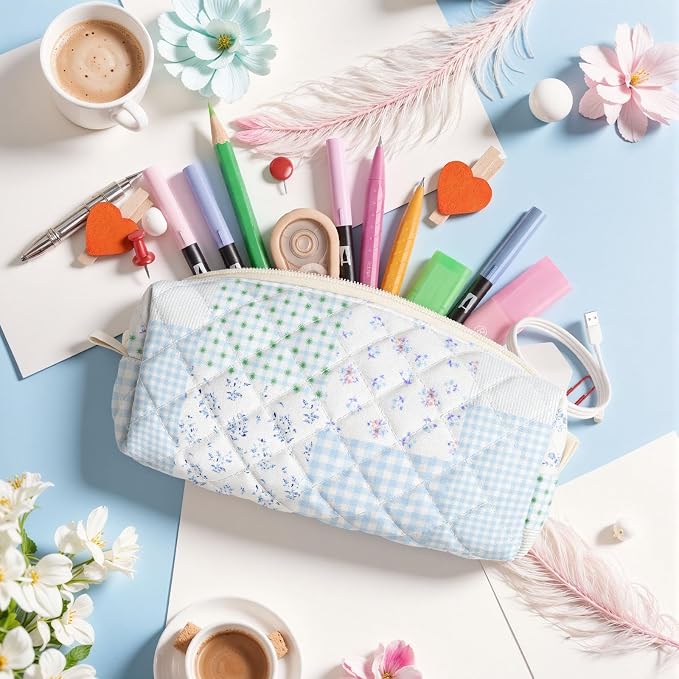 Cute Quilted Pencil Case for Women, Aesthetic Small Floral Pencil Pouch, Slim Soft Pencil Bag for Stationery Supplies & Daily Use（Green Blue Patchwork）