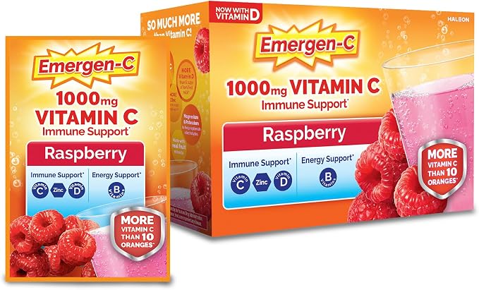 Emergen-C 1000mg Vitamin C Immune Support Powder Raspberry 30CT includes Zinc, Manganese, 7 B Vitamins and Electrolytes for Back to School Essentials