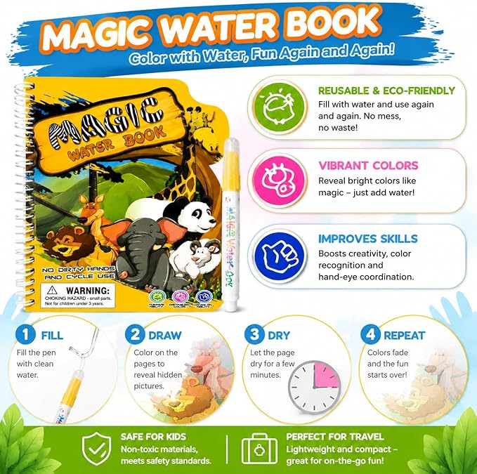 zreboeim Magic Water Coloring Book for Kids, Zoo Animal Themed Reusable Water Doodle Book with Pen, Mess-Free Painting Activity Toy for Toddlers Ages 3+ Educational Travel Gift