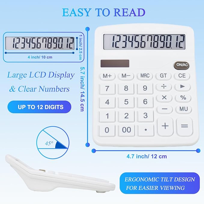 SAYEEC Desk Calculator, 12 Digit Desktop Calculator with Large LCD Display & Sensitive Button, Dual Solar Power & Battery, Standard Office Calculators Basic Function Calculators for Home School, White