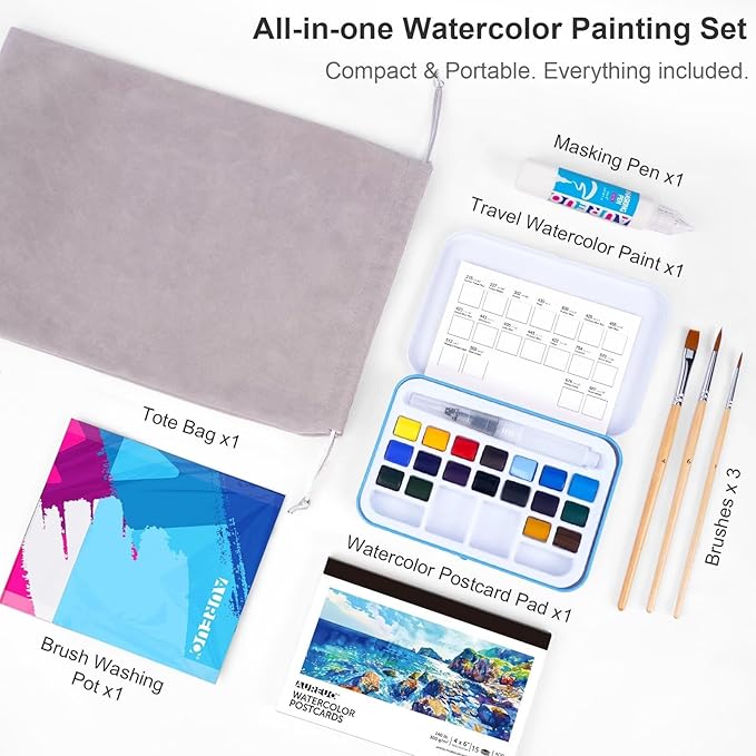 AUREUO Blue Watercolor Set - Marine Ocean Watercolor Paint Set with Brushes, Watercolor Postcards, Masking Pen, Tote Bag - Water Color Painting Kit for Adults, Beginners, Professional