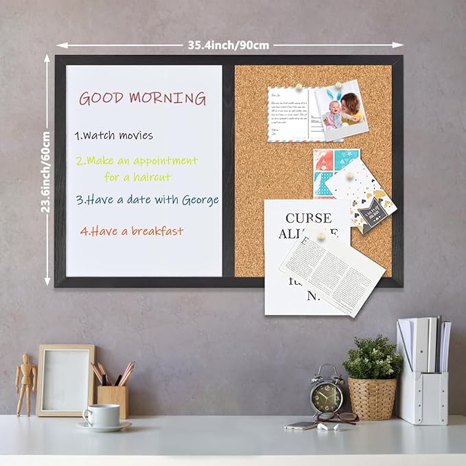 Bulletin Board Whiteboard Cork Board Combo for Office School Kitchen Bedroom, Black Wood Frame,23.6"*35.4",Whiteboard+Cork-6090BK