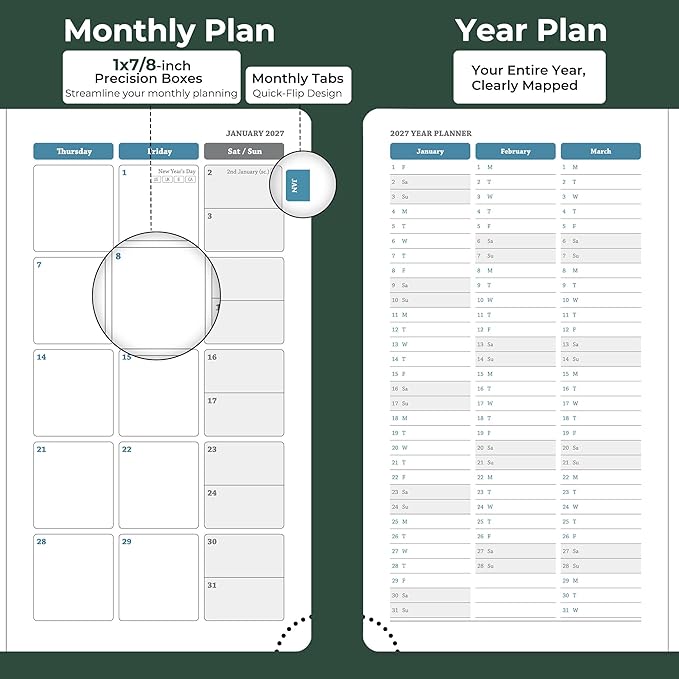 Planner 2026-2027 Daily Weekly and Monthly,6.5"x3.75",18 Months Spiral Bound Calendar Agenda with Self-adhesive Pen Holder,2026 Academic Plan with Vegan Leather Soft Cover,Green