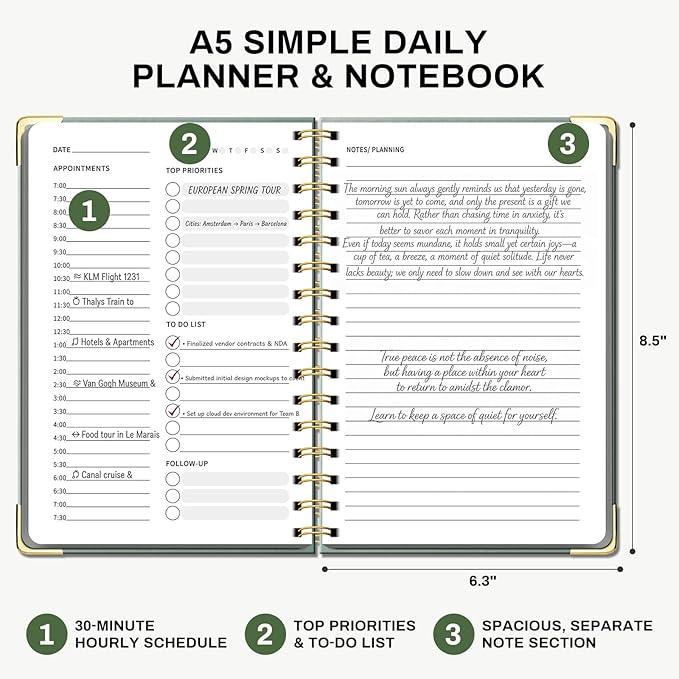 Ovesmusl Undated Daily Planner - 126 Days Hourly Schedule & To Do List - A5 Hardcover Spiral Notebook planner with stickers, Metal Corner Protectors & Back Pocket for Work & School, Bouquet