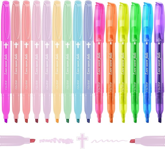 7-ackz Bible Highlighters Assorted Colors with Verses, Chisel Tip Colored Highlighter Markers Bulk Fluorescent, Dry Quick Bright Colors, Perfect for Bible Study Journaling, 15 pack