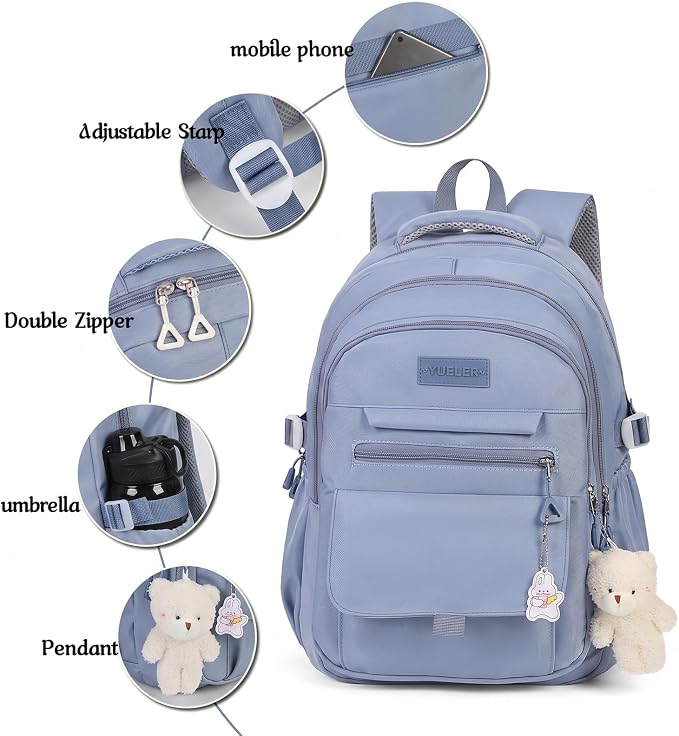 PRLINJSK Girls Backpack for College High Middle School Student, Cute Aesthetic Bookbag for Teens Women with Accessories,Blue