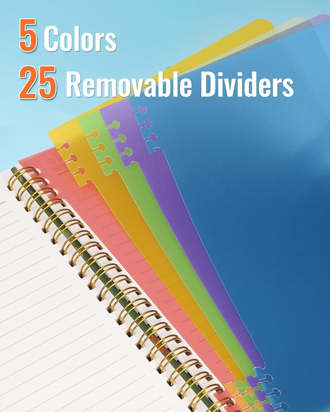 Dynta Spiral Notebooks 5 Subject 5-Pack College Ruled Hardcover with Removable Dividers 160 Pages/80 Sheets Each, A5(8.5 "x 5.7") Cute Blooming Floral, for Students Office Business Diary Book