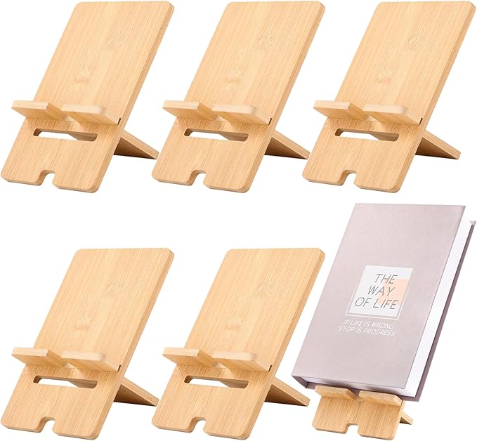6 Pack Bamboo Book Stand for Display, Natural Easel Stand for Display, Book Display Stand for Home Office School, Book Riser for Comic Album CD Magazine Postcard Picture Plate Phone Artworks (Large)