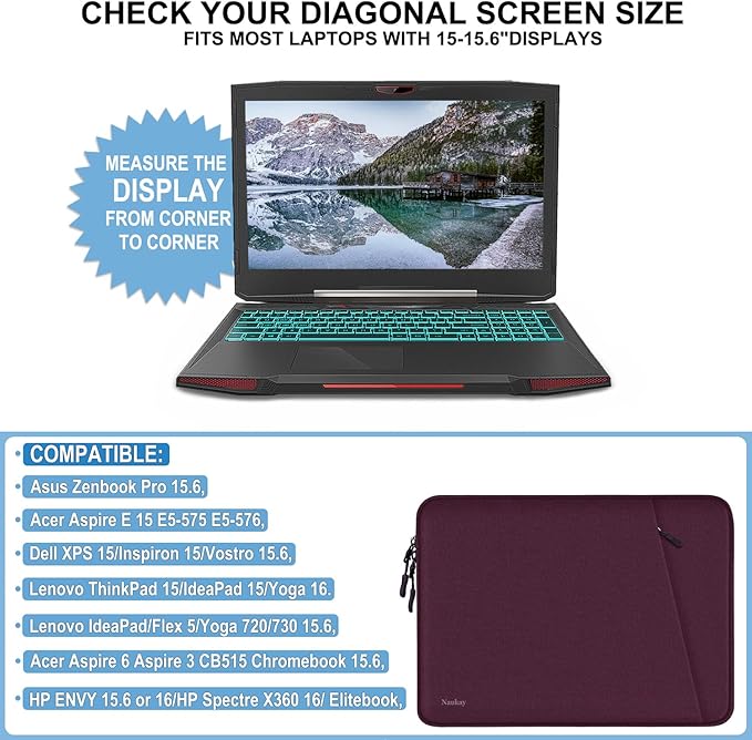 15.6 inch Laptop Sleeve, Shockproof Protective Computer Sleeve Cover with Accessories Pocket, Water Resistant Traveling Carrying Laptop Bag Compatible for MacBook Dell HP Acer Lenovo, Magenta
