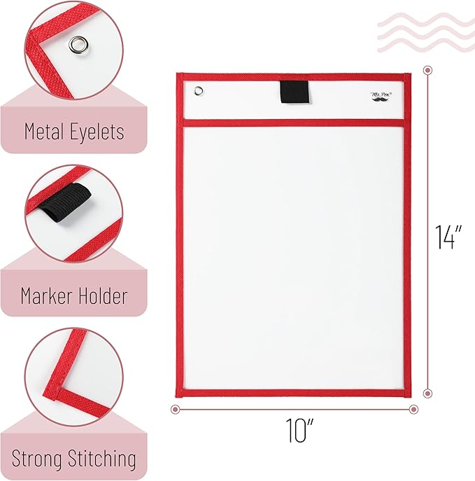Mr. Pen- Reusable Dry Erase Pocket Sleeves, 10" x 14", 6 Pack, Colorful, Clear Plastic Paper Sleeves, Ticket Holders, Clear Plastic Sheet Protectors, Teacher, School, Classroom Supplies
