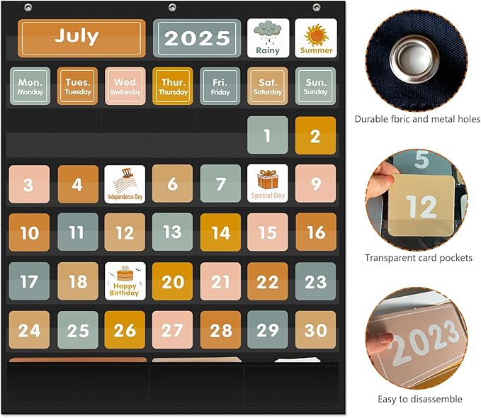 REGELETO Boho 46+3 Pockets Calendar Pocket Chart with 92 Cards for Classroom,Large Size: 28.75 x 24 inch Black Monthly Calendar and Weather Pocket Chart for Students Learning for Home or School