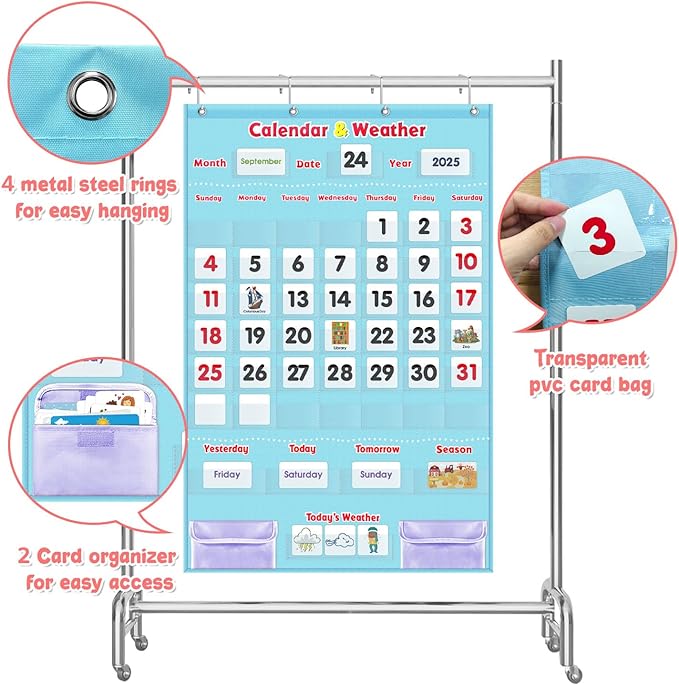 Morning Board Calendar for Toddlers - Preschool Learning Wall Chart for Classroom & Homeschool Interactive Educational Calendar with Pockets for Weather, Days of The Week, Seasons (Light Blue)