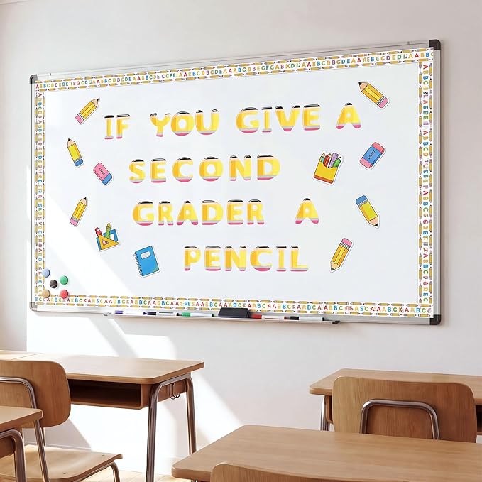 221 Pcs Pencil Bulletin Board Letters, Round Alphabet Number Punctuation Symbol Combo Letter Cutouts, Cute Yellow Classroom Decor for Summer School Classroom Chalkboard Poster Wall