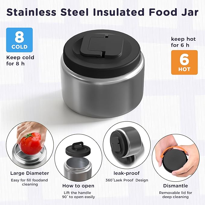 Stainless Steel Bento Lunch Box for Kids Adults with 8oz Insulated Food Jar,Ice Pack,Leak-proof,Dishwasher-Safe,Transparent Lid with Sauce Cup and Cutlery Storage for School & Travel,BPA-Free(Black)