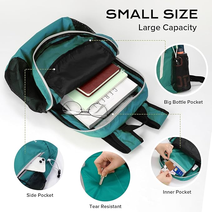 VPBAGE 15L Water-resistant Hiking Daypack, Small Backpack Travel Outdoor, Lightweight Day Pack with Tool Loops