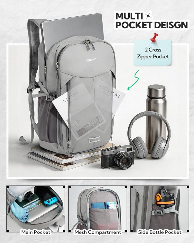 WATERFLY Lightweight Packable Backpack, 25L Small Foldable Travel Daypack | Large Opening Pocket with Luggage Strap, Breathable Back Pad, Easy to Fold, Compact Day Pack for Hiking Outdoor