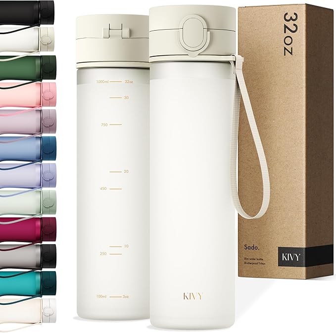 KIVY Slim Water Bottle 32oz with Leakproof Flip Lid [Lightweight & Shatterproof] Fits Backpack & Cupholder for Travel, Sports, School - Tall Gym Water Bottle with Measurements - Dishwasher Safe