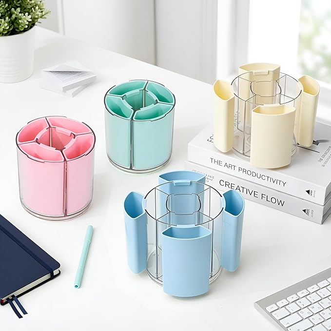 Comix 360° Rotating Pen Holder for Desk, Cute Pencil Holder Pen Organizer, Green Acrylic Pencil Cup Caddy with 5 Slots for Home School Office Supplies