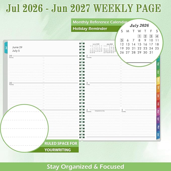 Academic Planner 2026-2027 - Planner 2026-2027, July 2026 - June 2027, 8" x 10", 26-27 Planner Weekly and Monthly with Colorful Tabs, Twin-wire Binding, Inner Pocket - Green
