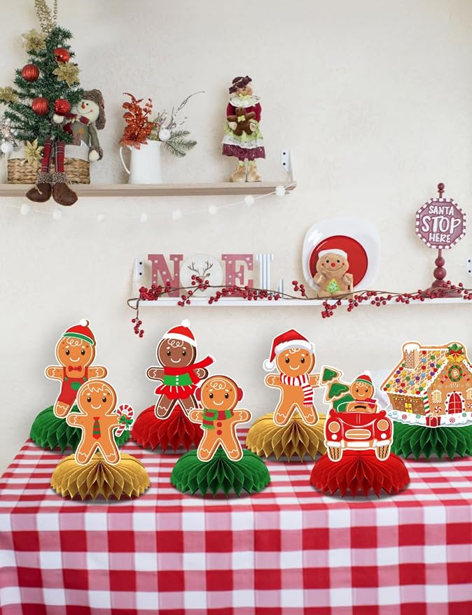 Gingerbread Centerpieces for Tables - 9Pcs Christmas Table Decorations 3D Gingerbread Man Honeycomb Centerpieces Xmas Table Toppers Decorations for Merry Christmas Winter Holiday Party Supplies