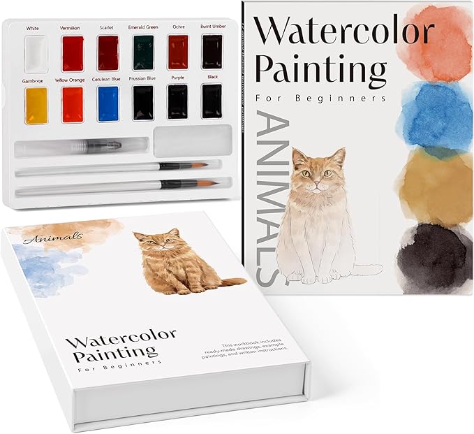 Aizweb Watercolor Workbook-Water Colors Paint Adult Set with 12 Original Animal Patterns,12 Paint Colors&Refillable Water Brush,Coloring Books for Beginners Arts&Crafts Birthday Gifts