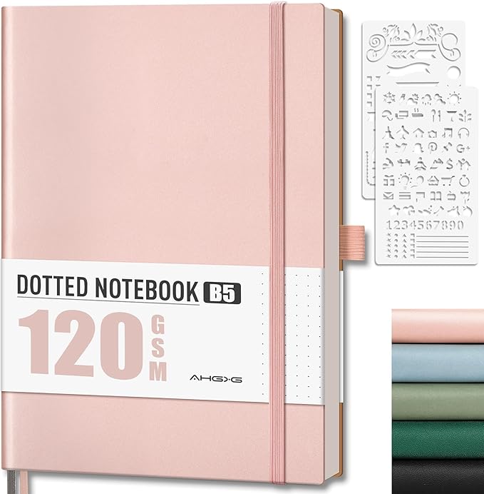 AHGXG Dotted Journal - Dot Grid Notebook Journal, 120 GSM Thick Acid-Free Paper, Large B5 Dotted Notebook 96 Pages, Leather Softcover, Inner Pocket, Journal Stencil, 7.6'' X 10'', Rose Gold