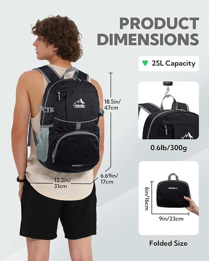 WATERFLY Hiking Packable Daypack Backpack: 25L Ultra Lightweight Day Pack for Women Men - Small Compact Folding Back Pack for Outdoor Sport Cycling Camping Travel Trip - Black