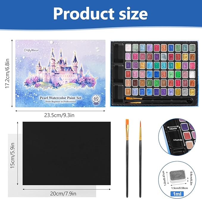 CraftyManor Mini Glitter Watercolor Paint Set with Paper, 60 Colors Shimmer Metallic Watercolour Painting Sets, Solid Pearl Water Color Paints, 1ml Trial Package(1ml 60 Colors)