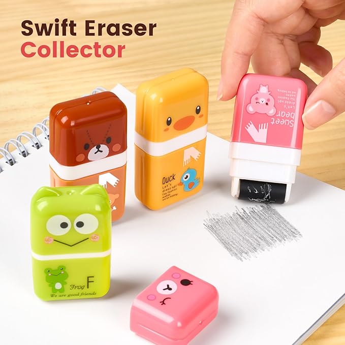 Sooez 12 Pack Pencil Erasers, Cute Erasers Pencil Eraser with Clean up Roller Pencil Eraser Shaving Roller Case Erasers for Party Favors Gift Supplies
