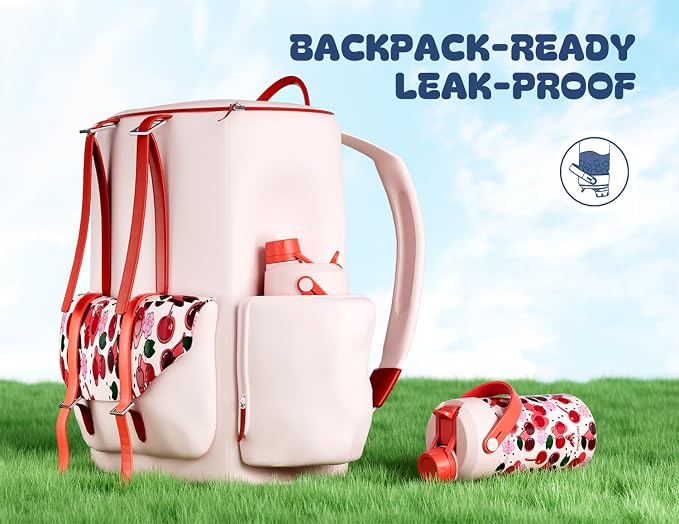12 oz Kids Insulated Water Bottle for School: 2-in-1 Straw Spout Lid, Leakproof, Keep Cold 24H, Stainless Steel Cup with Leather Sleeve for Travel, Camping, Gift for Girl Daughter (Twinkleberry Patch)