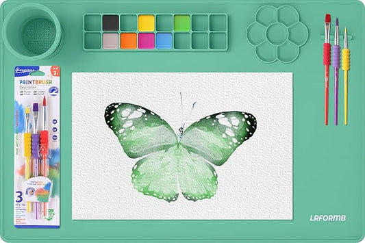 Silicone Craft Mat, Paint Pad with Detachable Cleaning Cup, Paint Mats with 3 Painting Brushes, 23.6 x 15.8in Nonslip Art Mat, Painting Station Reusable Art Supplies for Kids(Green)