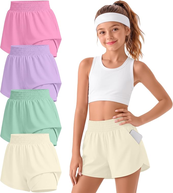 4 Pack Girls Athletic Shorts 2 in 1 Quick Dry High Waist Tween Shorts with Liner Kids Back to School Running Shorts