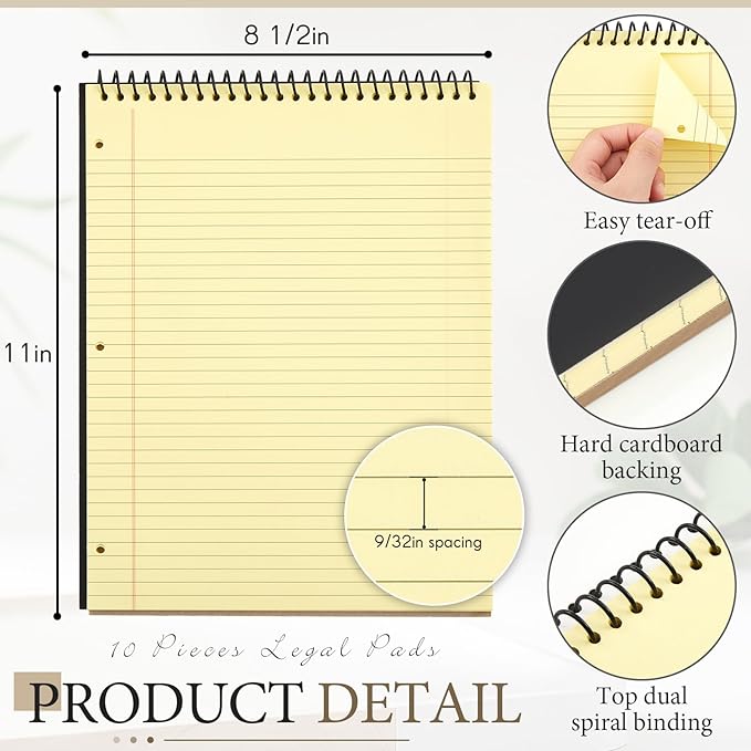 MotiMind 1 Pack 8.5" x 11" Top Spiral Notebook with 3 Hole Punched Legal Pads College Ruled Notepad 50 Sheets Hard Cardboard Paper Wirebound Notepad for Office School Business (Yellow)