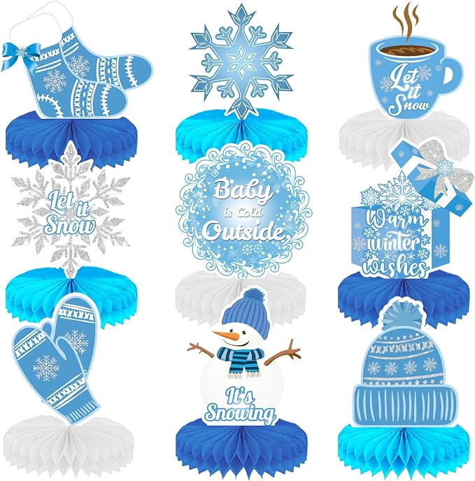 Winter Centerpieces for Table - 9Pcs Snowflake Table Decorations, Let It Snow Party Decorations Snowflake Snowman Honeycomb Centerpieces for Christmas Winter Wonderland Birthday Party Supplies