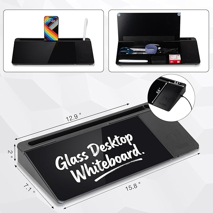 Glass Desktop Whiteboard with Wireless Charger & Storage, Desk Dry Erase Note Memo Board, Compact Desk Organizer for Desk, Home, Study, Office, Back to School Supplies, Black, 2026