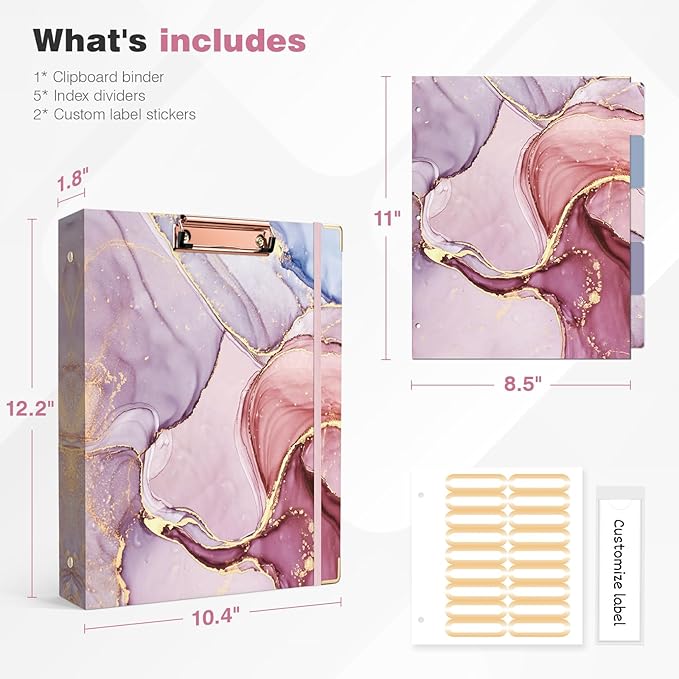 Ospelelf 3 Ring Binder 1 Inch, Pink Binders for Letter Size Documents(11" x 8.5") with 5 Tab Dividers, Clipboard Organizer, Back to School and Office Supplies