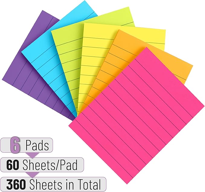 Mr. Pen- Lined Sticky Notes, 3" x 4", 6 Pads, 60 Sheets/Pad, Vibrant Color, Sticky Notes with Lines, Ruled Post Stickies, Memo Pads, Self-Stick Note Pad for Office, School, Home, Study