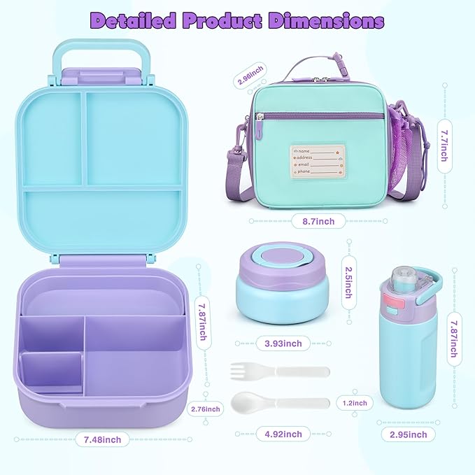 Bento Lunch Box for Kids with 7oz Soup Thermo,Insulated Stainless Steel Kids Water Bottle with Straw and Insulated Lunch Bag,Leak-Proof Lunch Food Container with Ice Pack for School (Purple)