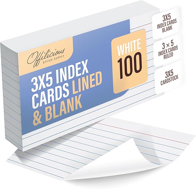 OFFILICIOUS Ruled Index Cards 3x5 — Durable Blank Cards Bulk for Writing Recipes, Notes & Flash Cards for Studying — 100 No Bleed-Through White Double-Sided Notecards 3x5 Lined & Blank