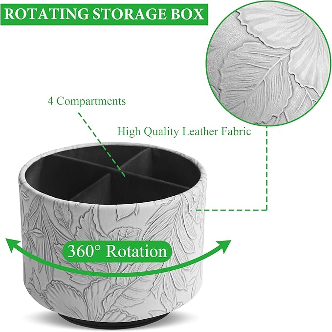 Round Leather Art Supply Organizer,Remote Control Holder,360 Degree Spinning,Multi-Functional Pencil Holder,4 Compartments Desktop Stationary Organizer(1-Carved Grey)