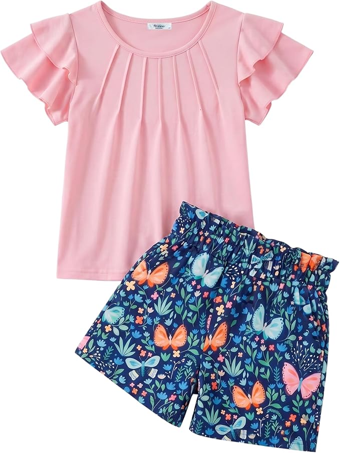 Arshiner Girls 2 Piece Outfits Summer Ruffle Sleeve Top and Paperbag Waist Shorts Set with Pockets Size 5-13 Years