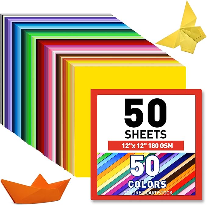 MAXECHO 12" x 12" Colored Cardstock 50 Assorted Sheets in 50 Colors, 180 GSM (65 lb) Bulk Construction Paper, Printer Friendly Card Stock for Printing & Making, DIY Crafts, Cricut, School Supplies