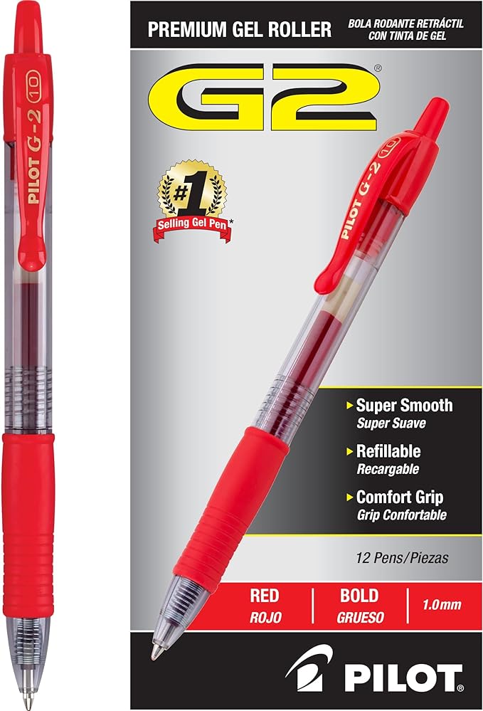 PILOT G2 Premium Refillable & Retractable Rolling Ball Gel Pens, Bold Point, Red Ink, 12-Pack (31258)